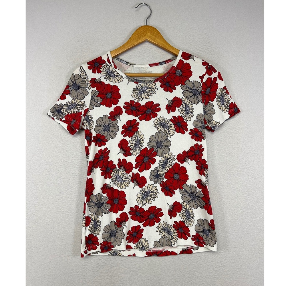 Cottagecore White Stag Women S Red White Floral Daisy Cotton‎ Short Slv T-Shirt